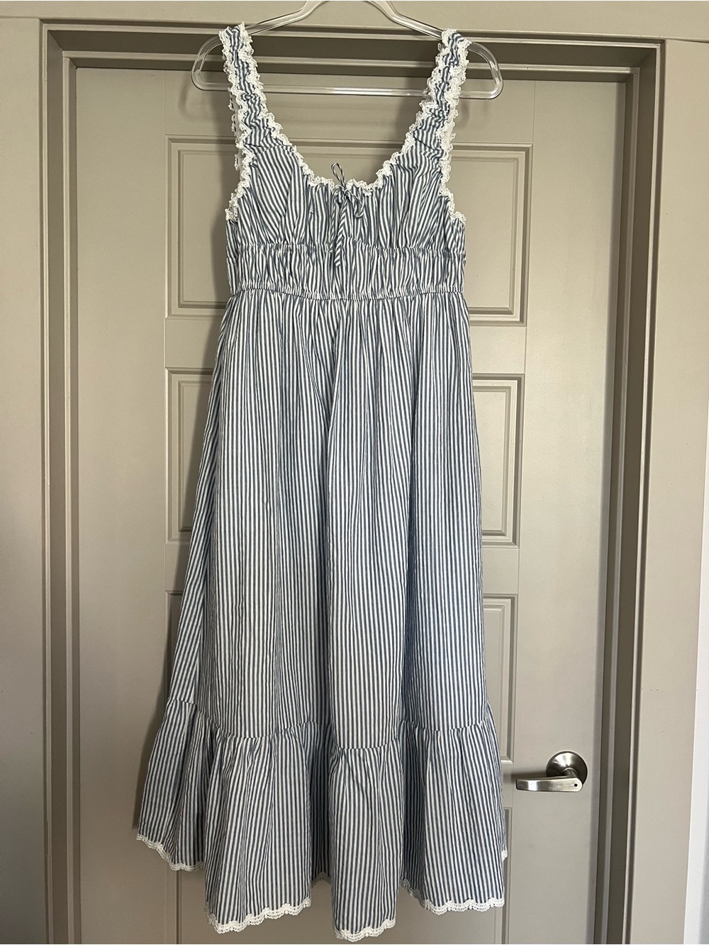 Blue and White Striped Sundress with Lace Trim